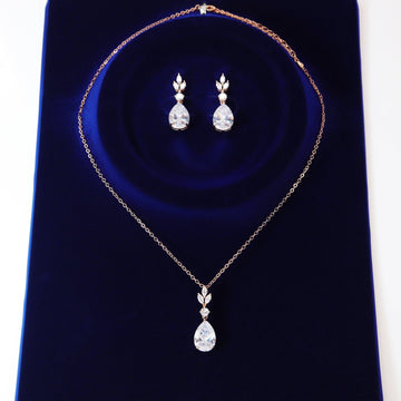 Swarovski Crystal Dainty Rose Gold Leaves Drop Necklace , Bridal Jewelry, Bridal Earrings And Necklace, Statement Earrings Cz, Necklace Set
